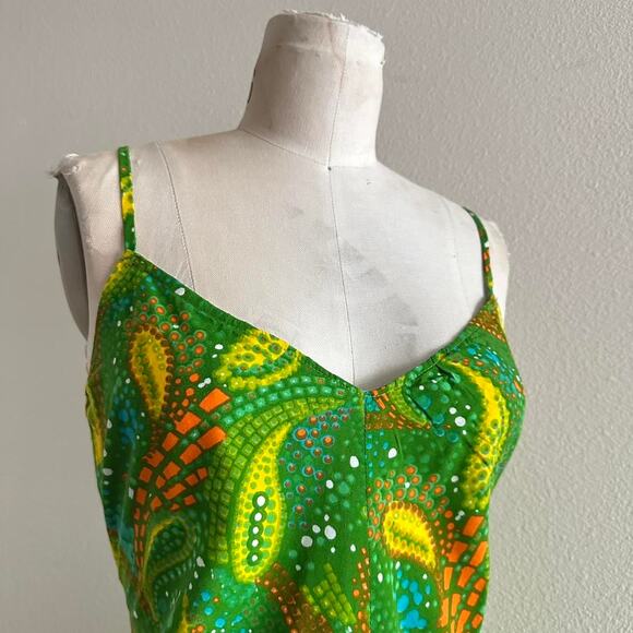 handmade bright green yellow paisley loud print cami mini dress - Picture 2 of 10